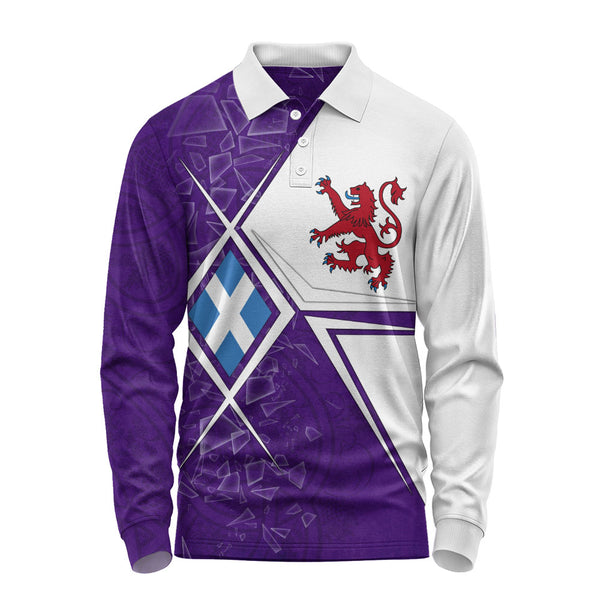 Scotland Long Sleeve Polo Shirt Purple Shard Lion Saltire Fusion Urban Highland Graphic Style