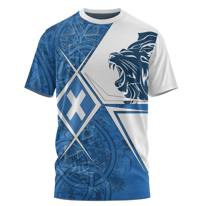 Scotland T-Shirt Geometric Lion Roar Saltire Grid Digital Pattern Highland Fusion Style
