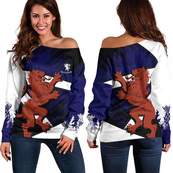 Scotland Off Shoulder Sweatshirt Roar of the Highland Lion Across the Saltire Sky