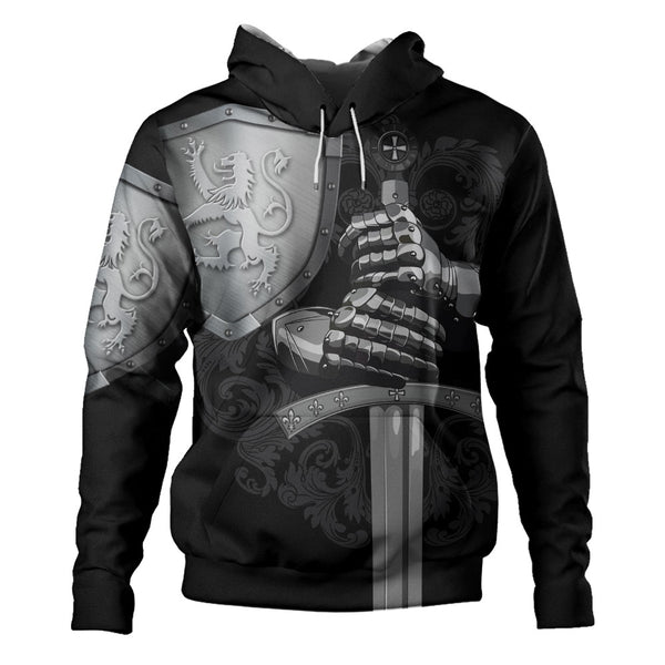 Scotland Hoodie Medieval Warrior with Steel Gauntlet Holding Sword and Shield Lion
