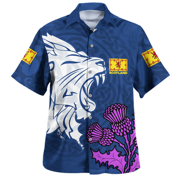 Scotland Hawaiian Shirt Roaring Lion Thistle Pride Blue Bold National Identity Spiritwear