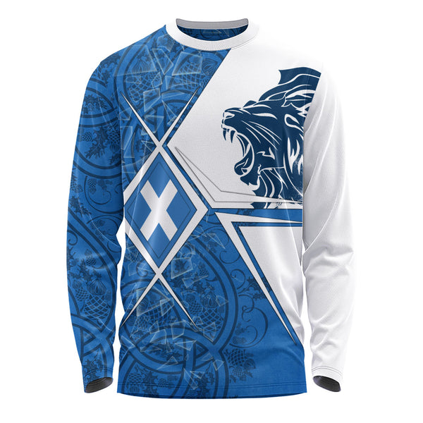 Scotland Long Sleeve T-Shirt Geometric Lion Roar Saltire Grid Digital Pattern Highland Fusion Style