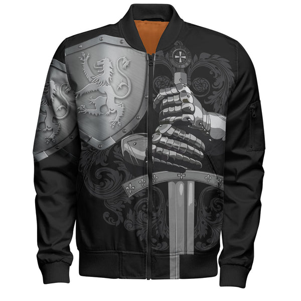 Scotland Bomber Jacket Medieval Warrior with Steel Gauntlet Holding Sword and Shield Lion