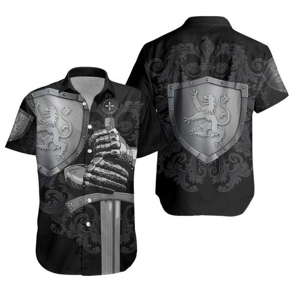 Scotland Short Sleeve Shirt Medieval Warrior with Steel Gauntlet Holding Sword and Shield Lion
