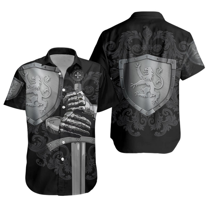 Scotland Short Sleeve Shirt Medieval Warrior with Steel Gauntlet Holding Sword and Shield Lion