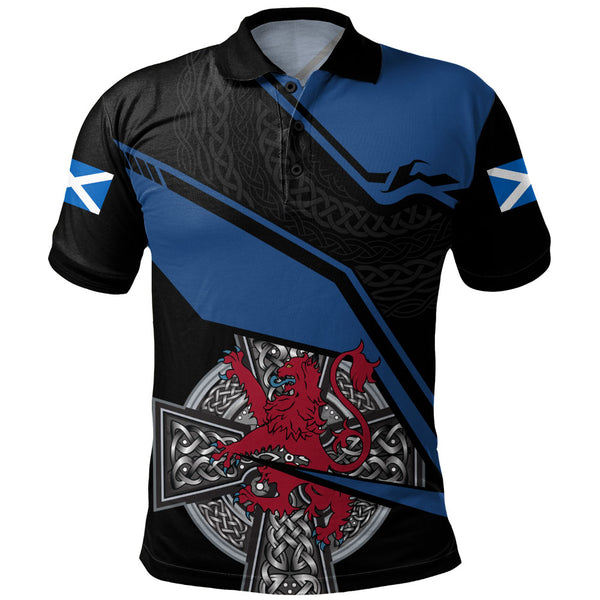 Scotland Polo Shirt Red Lion Celtic Grid Armor Blue Black Warrior Path Edition