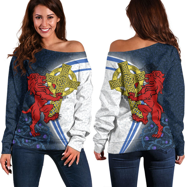Scotland Off Shoulder Sweatshirt Lion Guarding Celtic Cross Saltire Heritage Warrior Symbolic Design