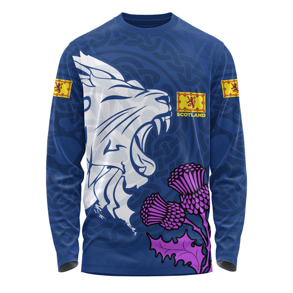 Scotland Long Sleeve T-Shirt Roaring Lion Thistle Pride Blue Bold National Identity Spiritwear