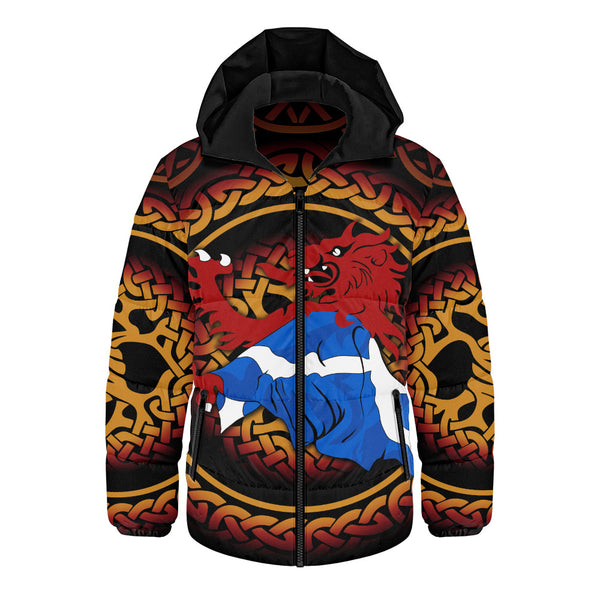 Scotland Hooded Padded Jacket Burning Lion Celtic Flame Saltire Embrace Warrior Spirit Armor