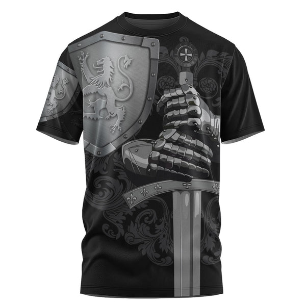 Scotland T-Shirt Medieval Warrior with Steel Gauntlet Holding Sword and Shield Lion