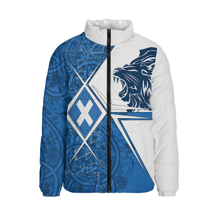Scotland Padded Jacket Geometric Lion Roar Saltire Grid Digital Pattern Highland Fusion Style