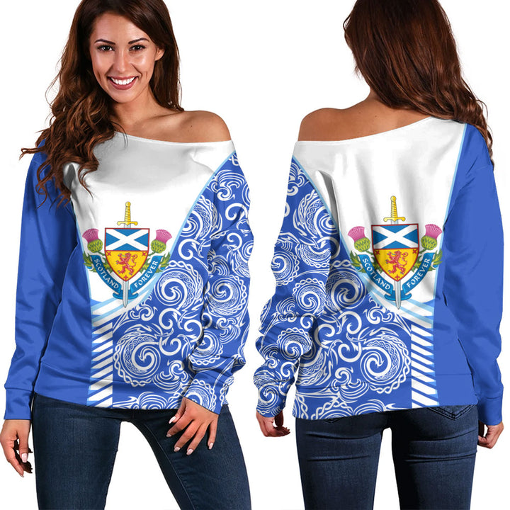 Scotland Off Shoulder Sweatshirt Ocean Crest Saltire Shield Sword Thistle Legacy Forever Edition