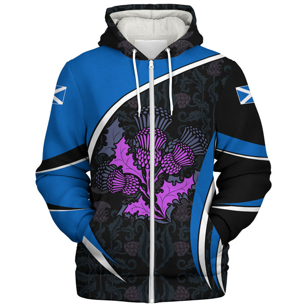 Scotland Sherpa Hoodie Purple Thistle Modern Saltire Lines Highland Heritage Floral Power