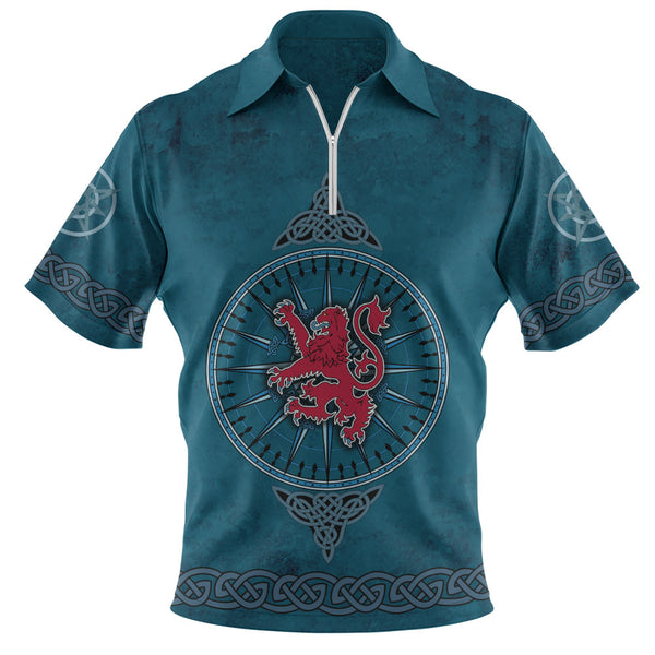 Scotland Zip Polo Shirt Celtic Compass Red Lion Direction Noble Highland Legacy Armor