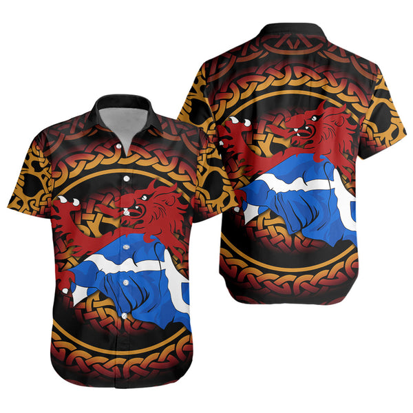 Scotland Short Sleeve Shirt Burning Lion Celtic Flame Saltire Embrace Warrior Spirit Armor
