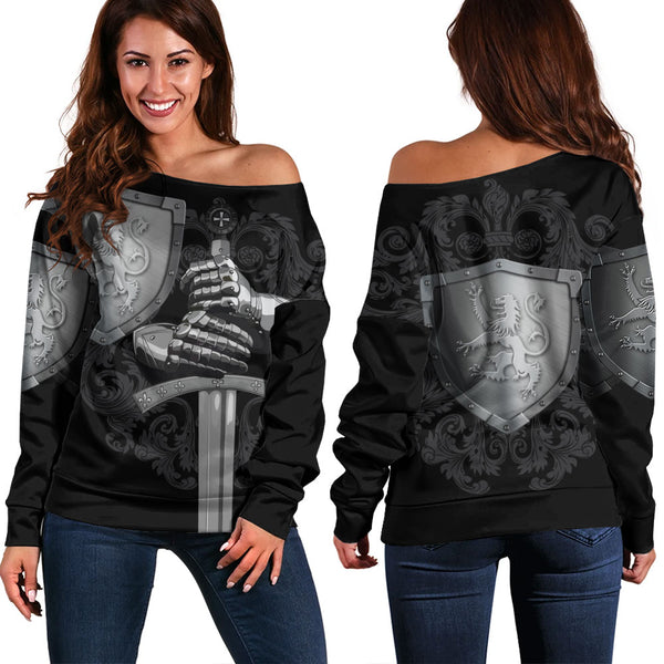 Scotland Off Shoulder Sweatshirt Medieval Warrior with Steel Gauntlet Holding Sword and Shield Lion