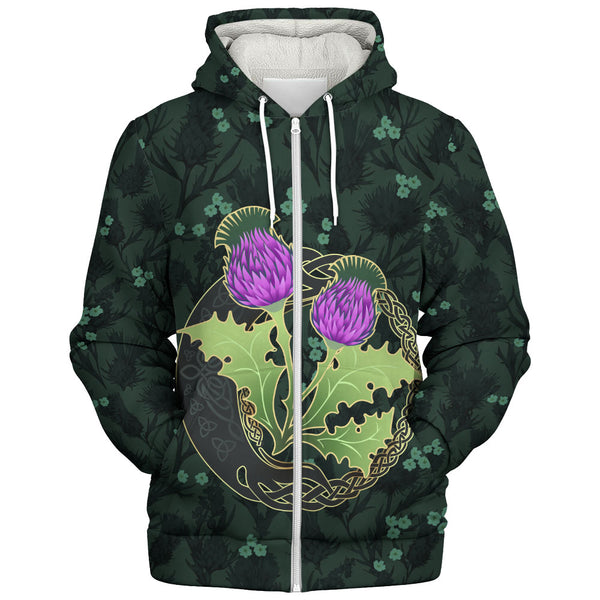 Scotland Sherpa Hoodie Thistle Bloom Celtic Emblem Nature Heritage Green Pattern Art
