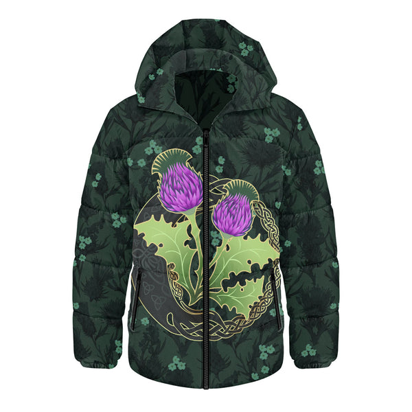 Scotland Hooded Padded Jacket Thistle Bloom Celtic Emblem Nature Heritage Green Pattern Art