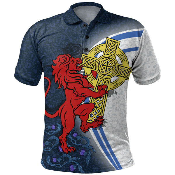 Scotland Polo Shirt Lion Guarding Celtic Cross Saltire Heritage Warrior Symbolic Design