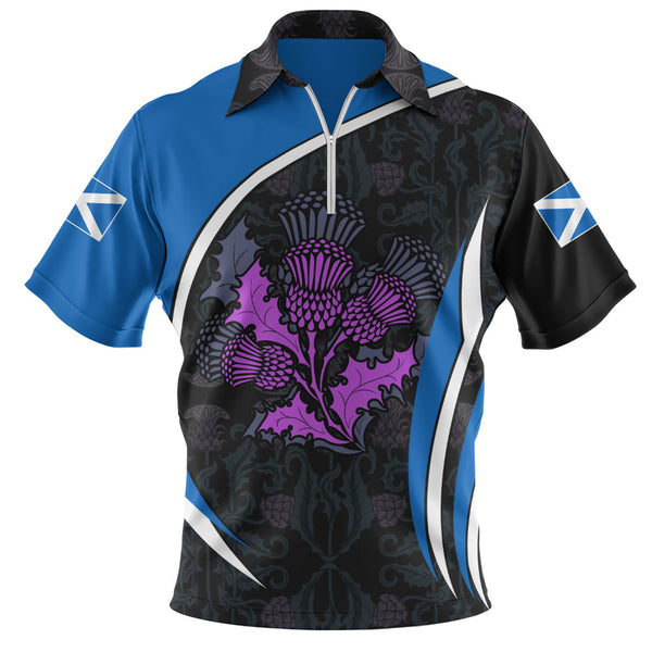 Scotland Zip Polo Shirt Purple Thistle Modern Saltire Lines Highland Heritage Floral Power