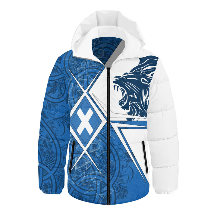 Scotland Hooded Padded Jacket Geometric Lion Roar Saltire Grid Digital Pattern Highland Fusion Style