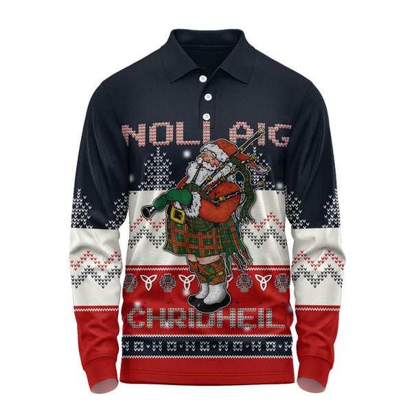 Scotland Long Sleeve Polo Shirt Santa Highland Stroll with Bagpipes and Cheer
