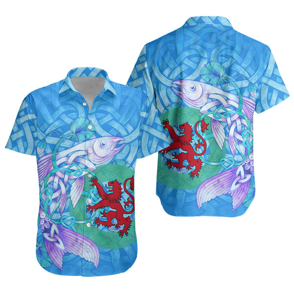 Scotland Short Sleeve Shirt Celtic Salmon Red Lion Spiritwater Heritage Mythical Highland Art