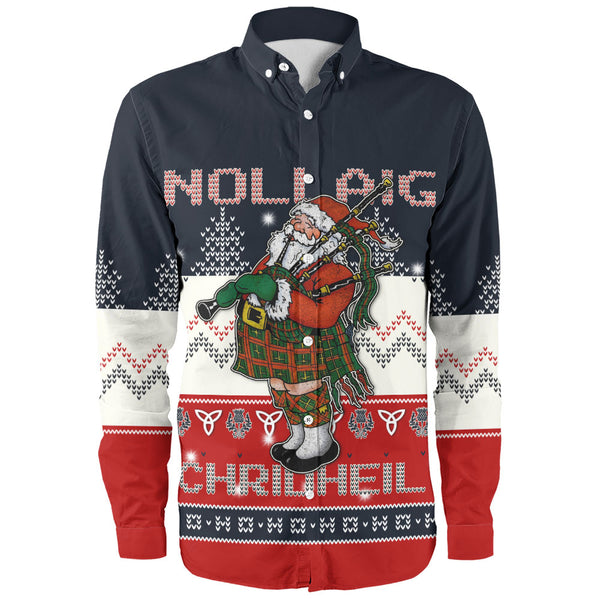 Scotland Long Sleeve Shirt Santa Highland Stroll with Bagpipes and Cheer