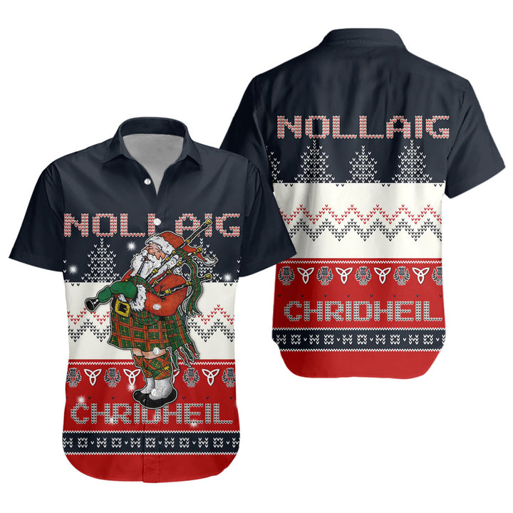 Scotland Short Sleeve Shirt Santa Highland Stroll with Bagpipes and Cheer