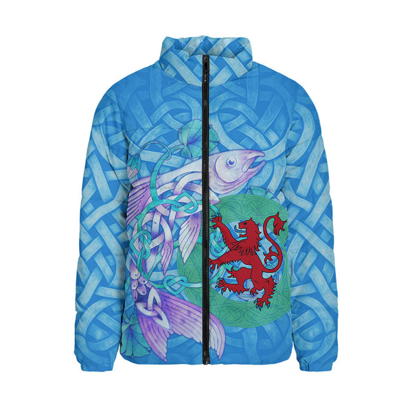 Scotland Padded Jacket Celtic Salmon Red Lion Spiritwater Heritage Mythical Highland Art