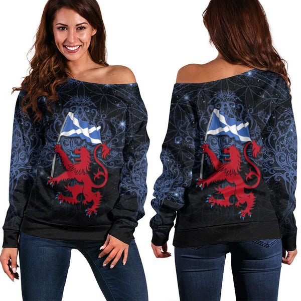 Scotland Off Shoulder Sweatshirt Starborn Lion Saltire Banner Celestial Blue Highland Pride Gear