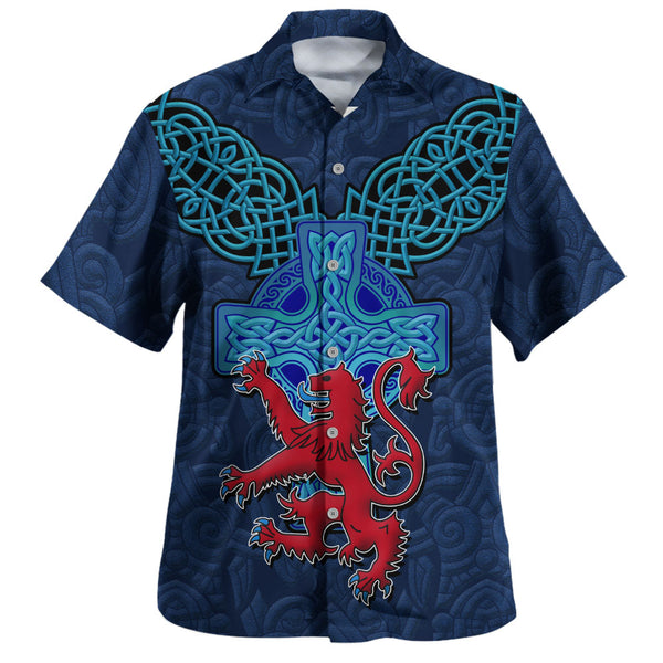 Scotland Hawaiian Shirt Highland Valor The Crimson Lion and Celtic Cross
