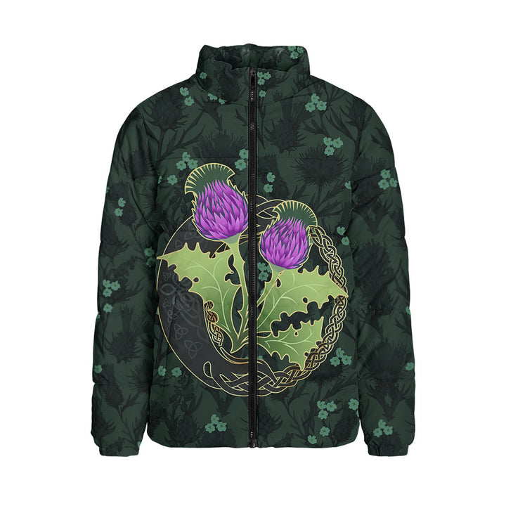 Scotland Padded Jacket Thistle Bloom Celtic Emblem Nature Heritage Green Pattern Art