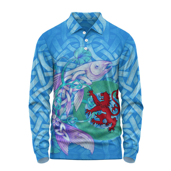 Scotland Long Sleeve Polo Shirt Celtic Salmon Red Lion Spiritwater Heritage Mythical Highland Art