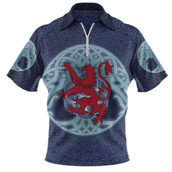 Scotland Zip Polo Shirt Celestial Rampant Lion Mystic Knot Circle Legacy