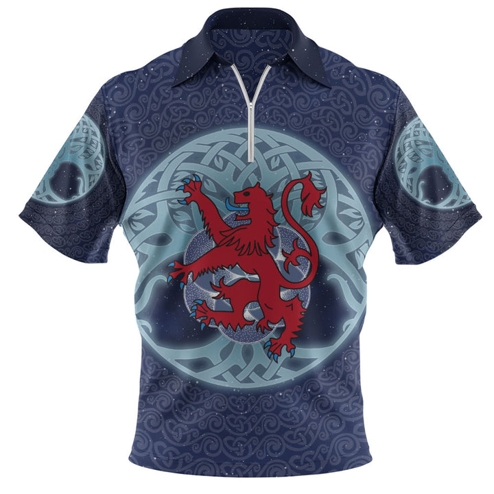 Scotland Zip Polo Shirt Celestial Rampant Lion Mystic Knot Circle Legacy