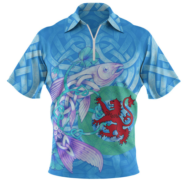 Scotland Zip Polo Shirt Celtic Salmon Red Lion Spiritwater Heritage Mythical Highland Art