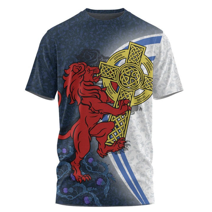 Scotland T-Shirt Lion Guarding Celtic Cross Saltire Heritage Warrior Symbolic Design