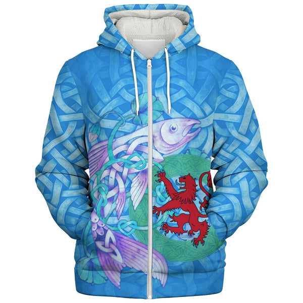 Scotland Sherpa Hoodie Celtic Salmon Red Lion Spiritwater Heritage Mythical Highland Art