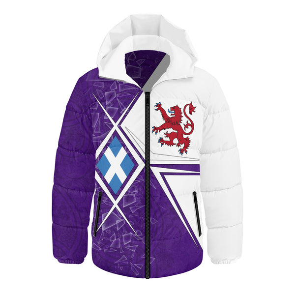 Scotland Hooded Padded Jacket Purple Shard Lion Saltire Fusion Urban Highland Graphic Style