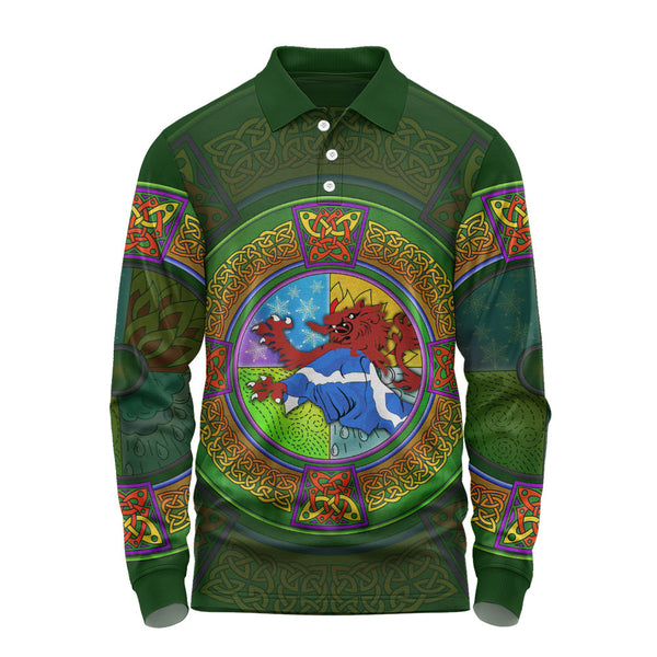 Scotland Long Sleeve Polo Shirt Celtic Seasons Red Lion Saltire Tartan Heritage Pattern