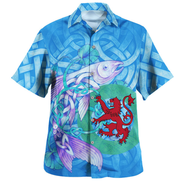 Scotland Hawaiian Shirt Celtic Salmon Red Lion Spiritwater Heritage Mythical Highland Art