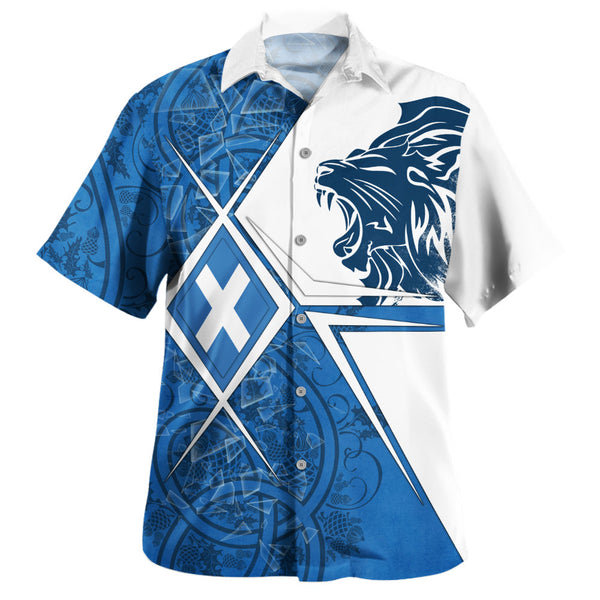 Scotland Hawaiian Shirt Geometric Lion Roar Saltire Grid Digital Pattern Highland Fusion Style