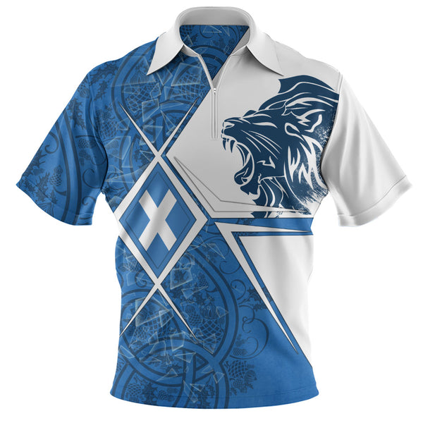 Scotland Zip Polo Shirt Geometric Lion Roar Saltire Grid Digital Pattern Highland Fusion Style