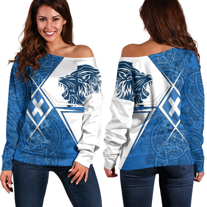 Scotland Off Shoulder Sweatshirt Geometric Lion Roar Saltire Grid Digital Pattern Highland Fusion Style