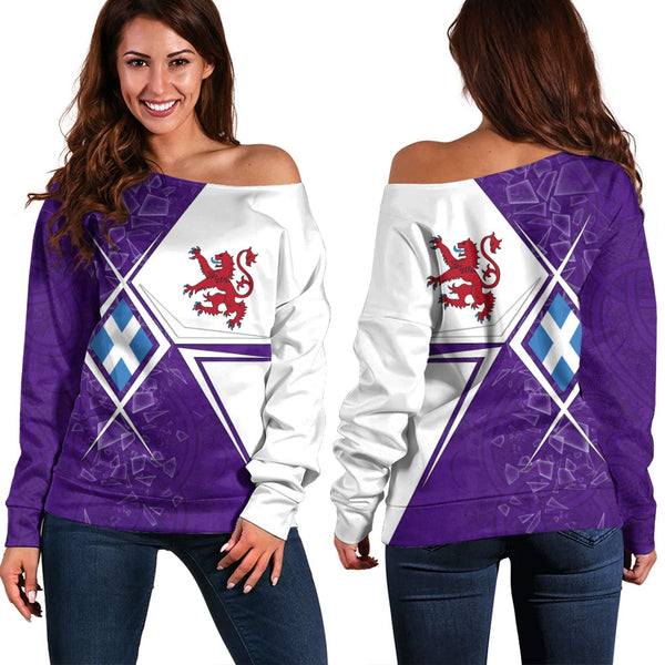 Scotland Off Shoulder Sweatshirt Purple Shard Lion Saltire Fusion Urban Highland Graphic Style