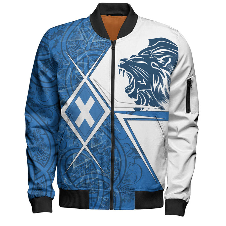 Scotland Bomber Jacket Geometric Lion Roar Saltire Grid Digital Pattern Highland Fusion Style
