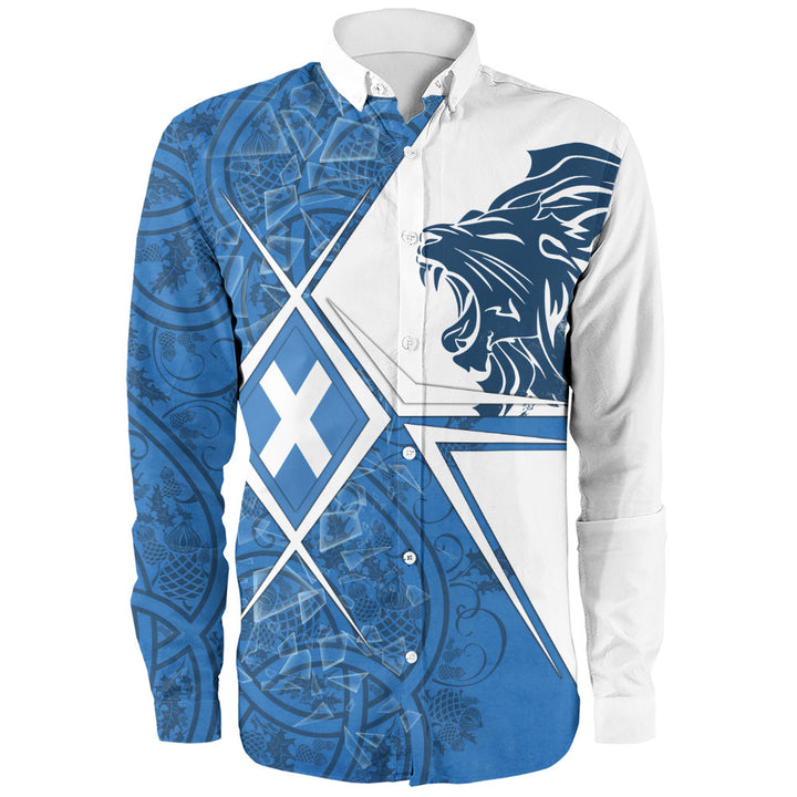 Scotland Long Sleeve Shirt Geometric Lion Roar Saltire Grid Digital Pattern Highland Fusion Style