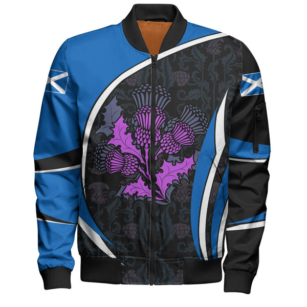 Scotland Bomber Jacket Purple Thistle Modern Saltire Lines Highland Heritage Floral Power