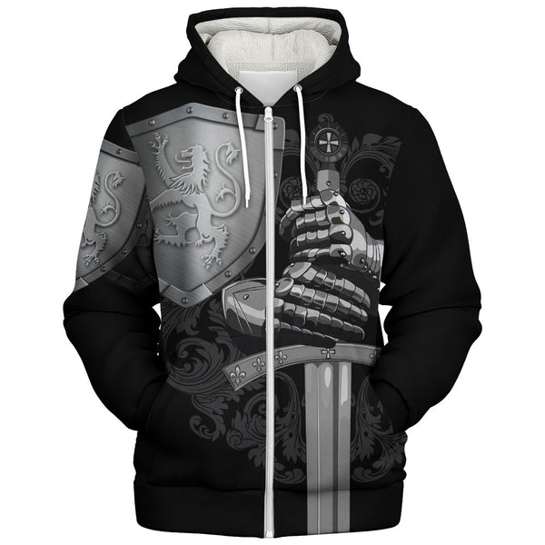 Scotland Sherpa Hoodie Medieval Warrior with Steel Gauntlet Holding Sword and Shield Lion